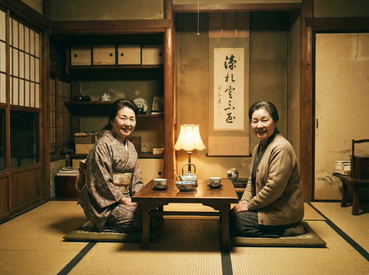 两位优雅的 午夜看片a福利在线观看 在日式茶室中品茶交谈